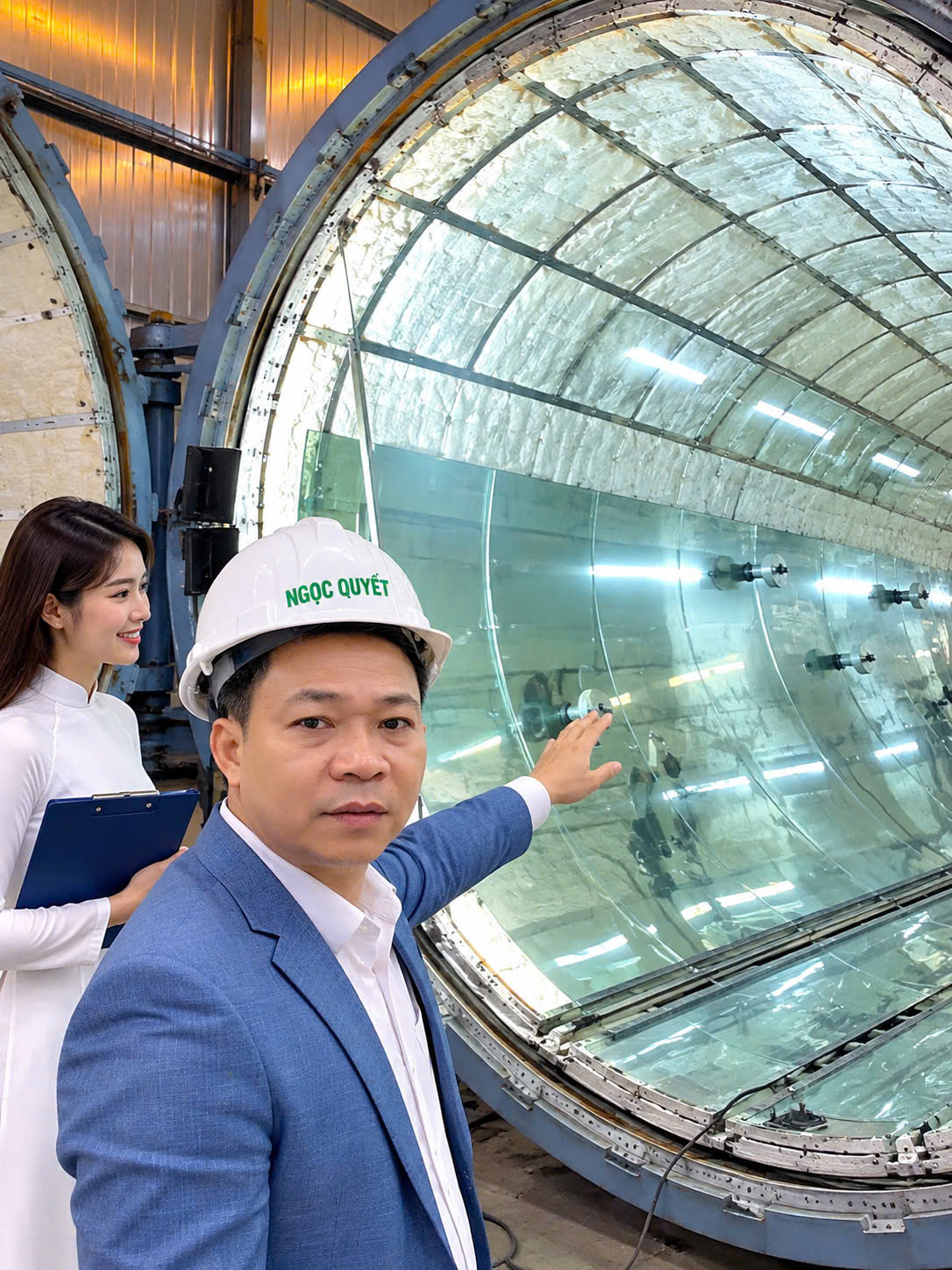 Cận cảnh kết cấu kính uốn cong và các chi tiết liên kết tại công trình
